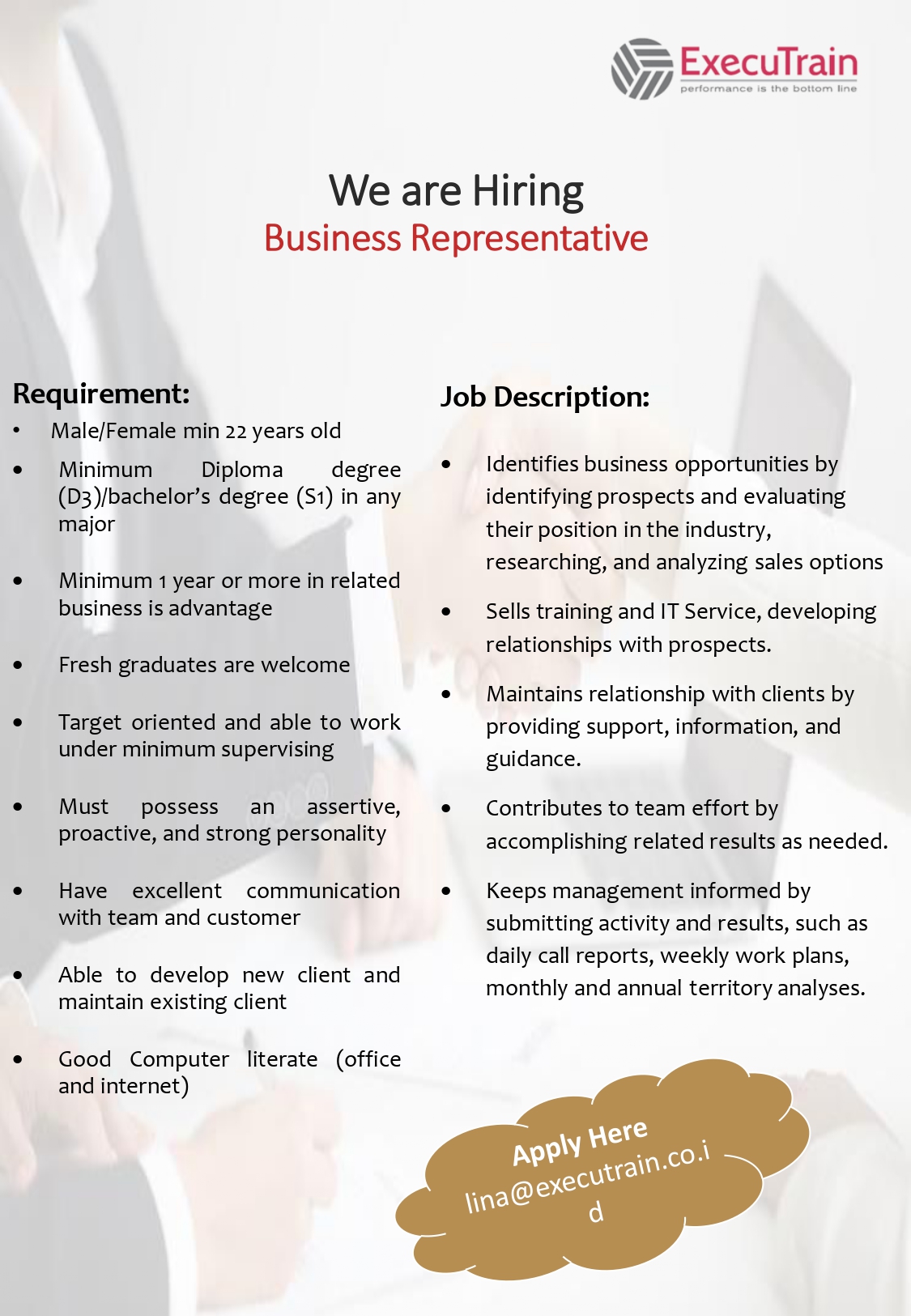 Job Opportunity - PT. Executrain Nusantarajaya