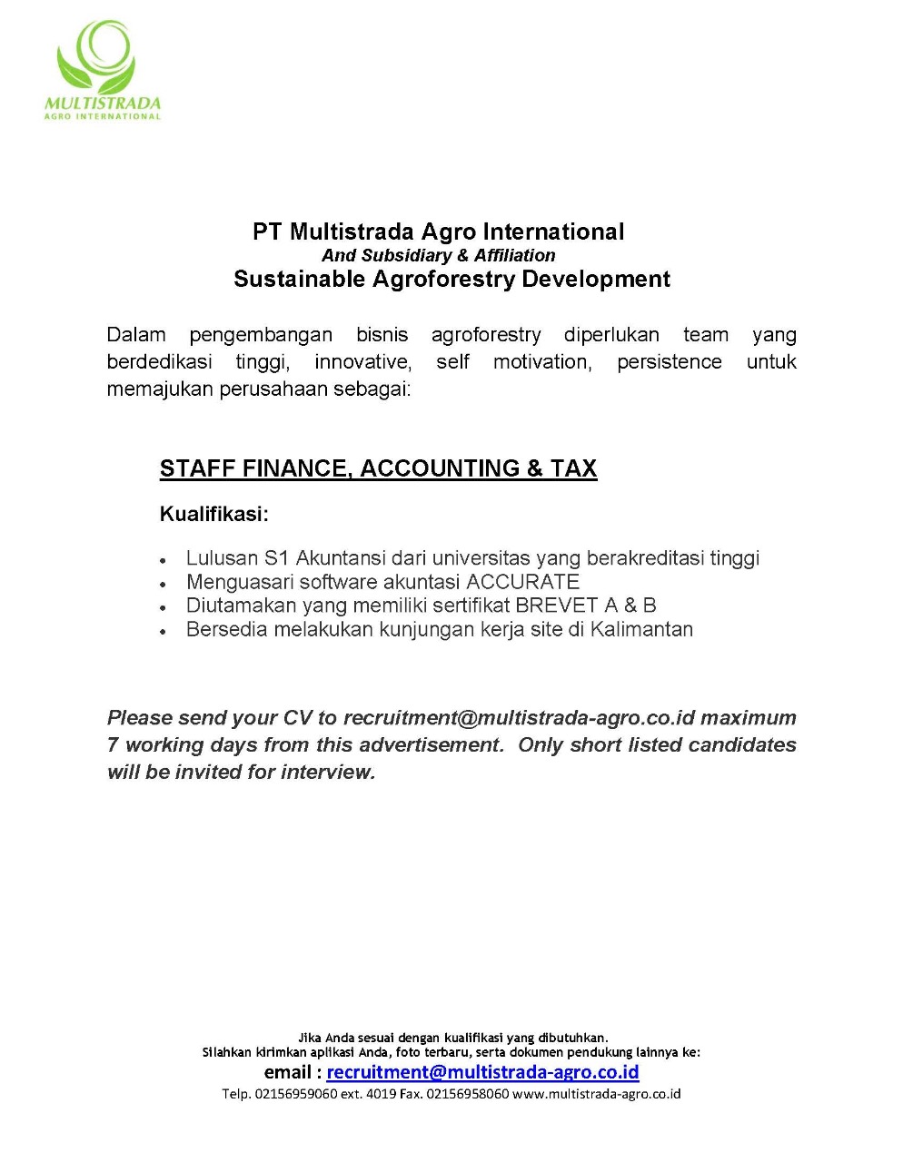 Job Opportunity - PT. Multistrada Agro International